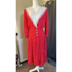 Vintage Patty O'Neil Red Prairie Dress Lace Collar Cottagecore Midi Size 6